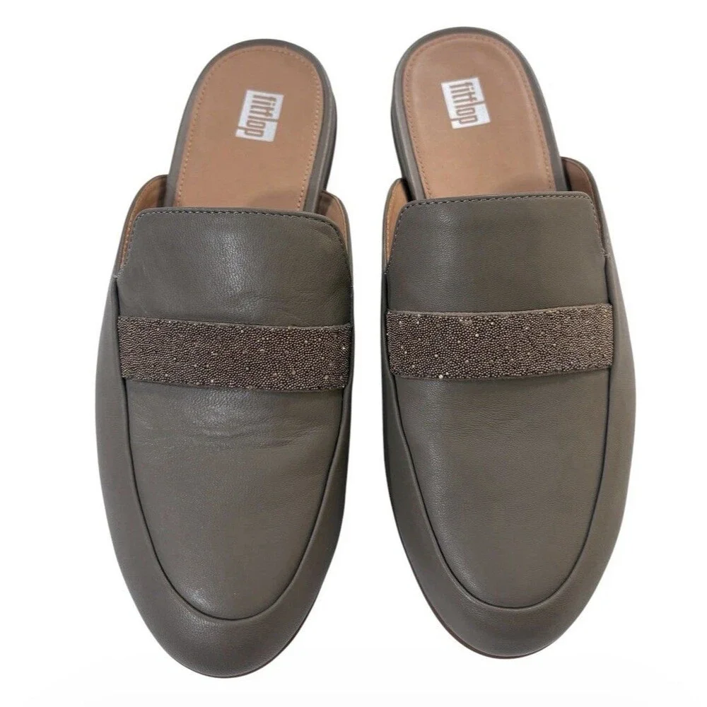 FitFlop Gracie Opul-Trim Leather Mules Minky Grey Size 7 US
